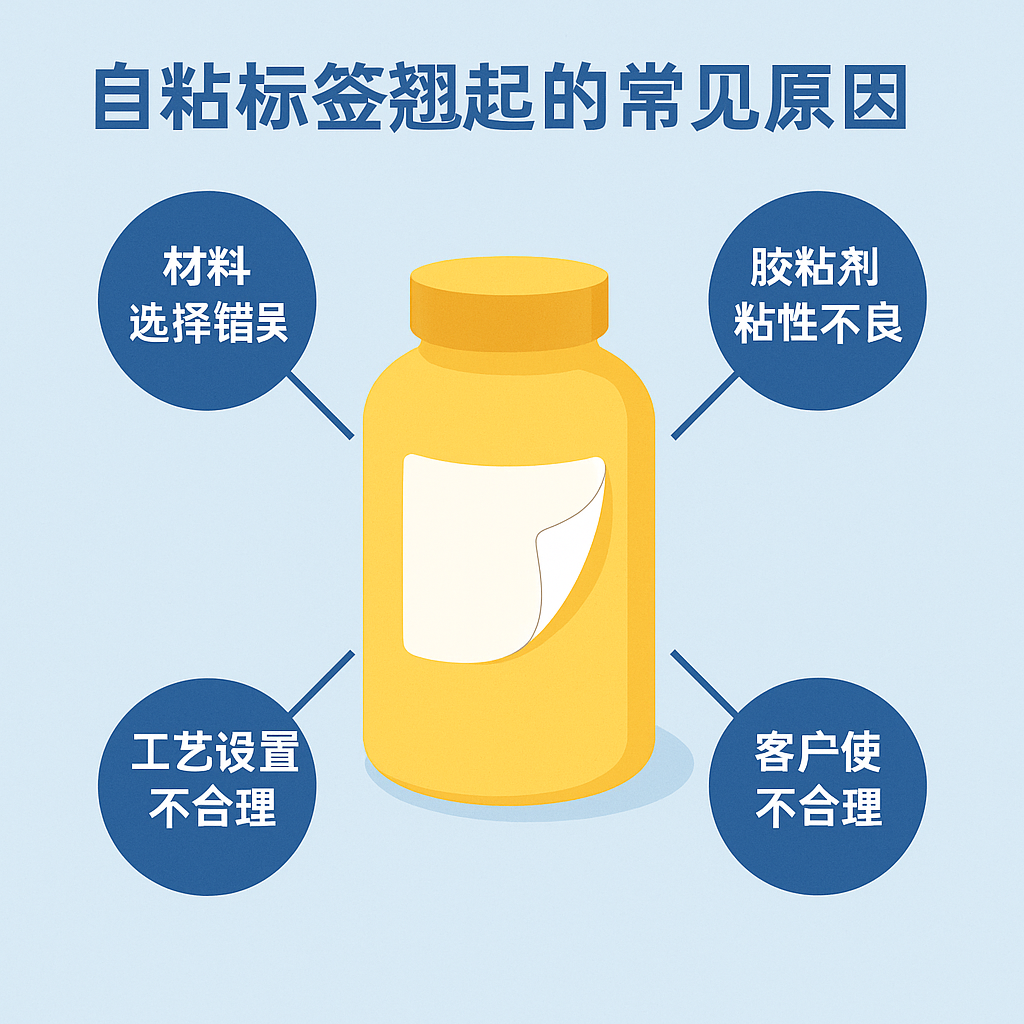 不干膠標(biāo)簽起翹、鼓包、翻邊的典型外觀示意
